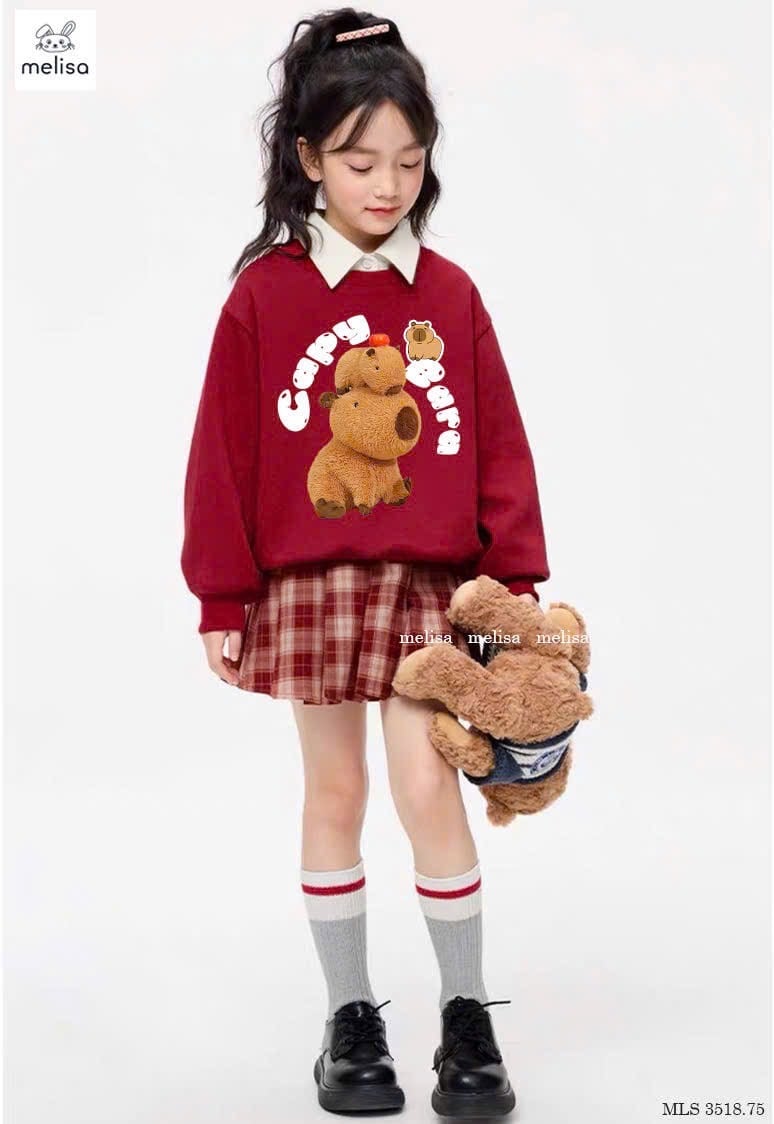 MLS 3518 - Set Melisa áo nỉ đỏ Capybara cổ sơ mi trắng - chân váy kẻ đỏ size 2 - 12y
