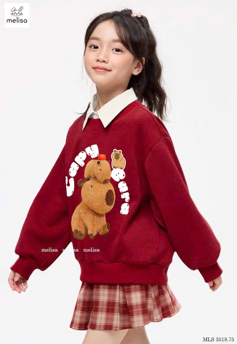 MLS 3518 - Set Melisa áo nỉ đỏ Capybara cổ sơ mi trắng - chân váy kẻ đỏ size 2 - 12y