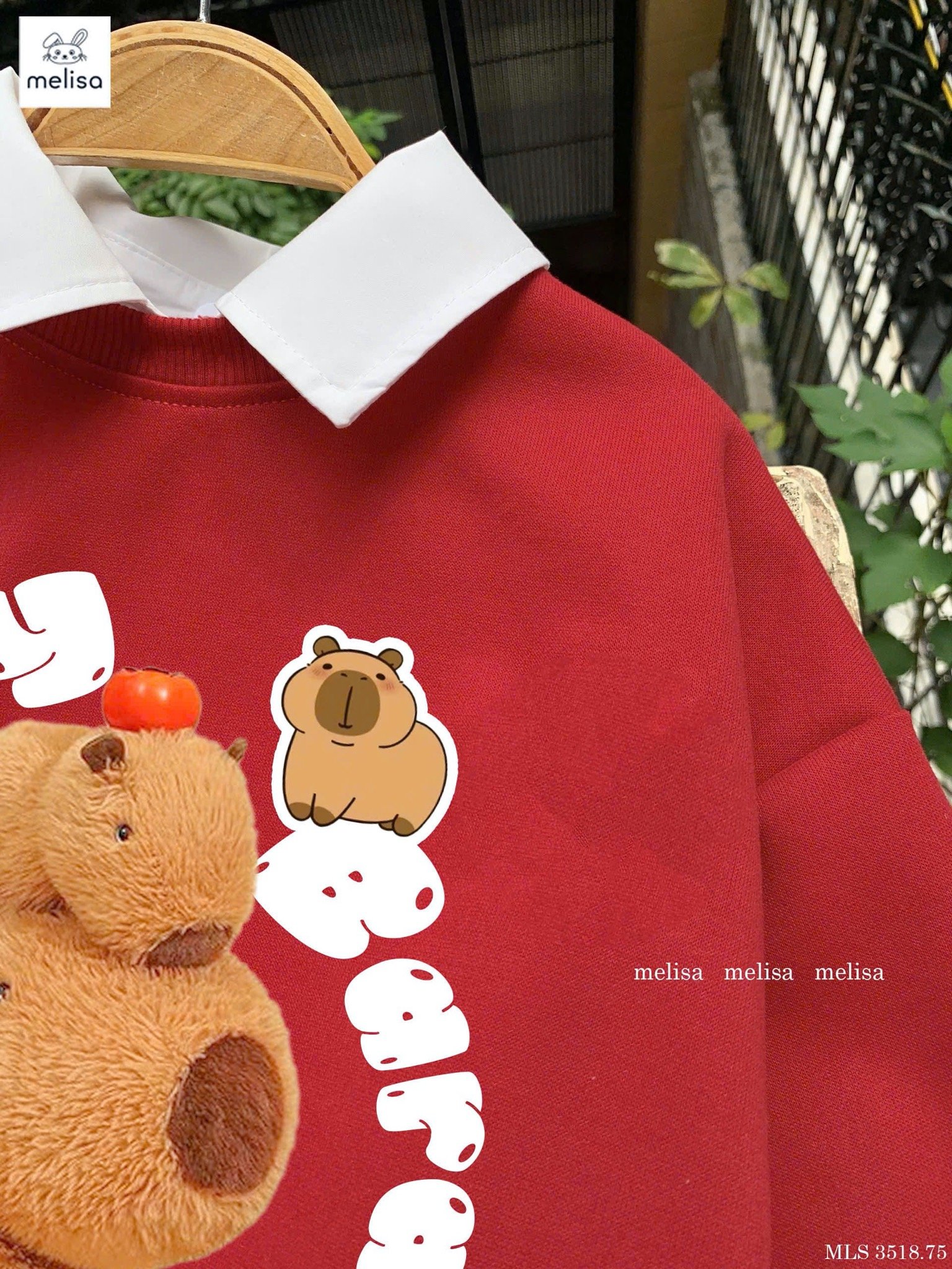 MLS 3518 - Set Melisa áo nỉ đỏ Capybara cổ sơ mi trắng - chân váy kẻ đỏ size 2 - 12y