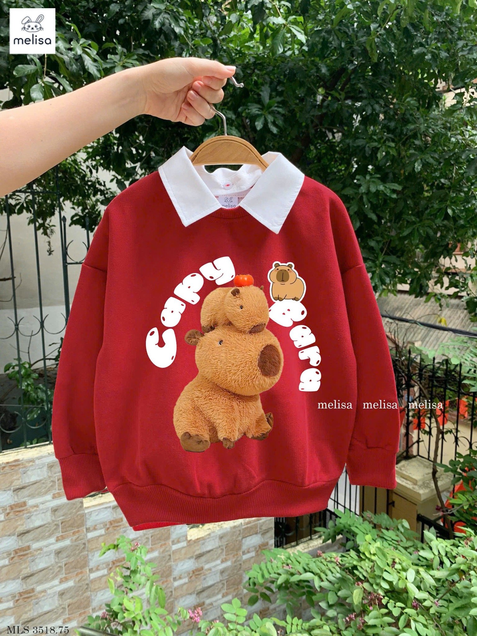 MLS 3518 - Set Melisa áo nỉ đỏ Capybara cổ sơ mi trắng - chân váy kẻ đỏ size 2 - 12y