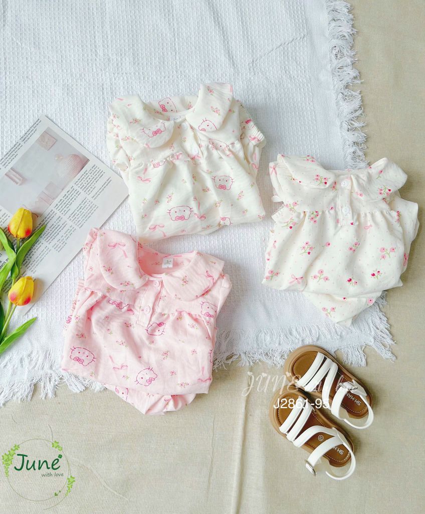 J2861 - Bộ Pyjama June With Love vải đũi mềm họa tiết nơ, kitty bé gái size 1-10y