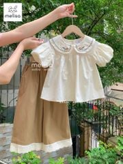 MLS 4982 - Bộ Melisa áo vàng cổ sen thêu + quần lửng màu nâu gấu ren bé gái size 2-12y