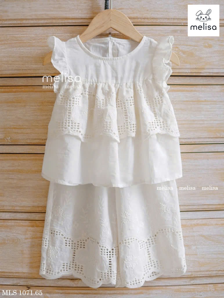 MLS 1071 - Bộ Melisa vải thô ren trắng bé gái size 2-11y