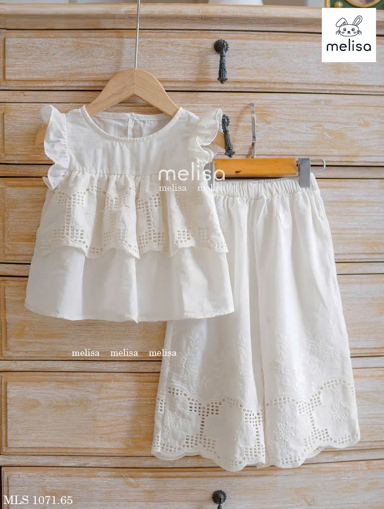 MLS 1071 - Bộ Melisa vải thô ren trắng bé gái size 2-11y