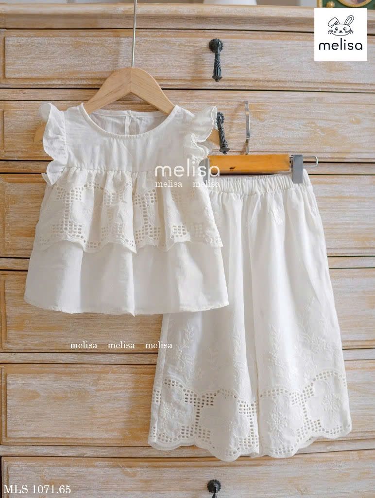 MLS 1071 - Bộ Melisa vải thô ren trắng bé gái size 2-11y
