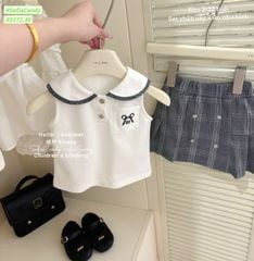 S5172 - Set bộ Sofia Candy áo trắng Miu Miu + chân váy kẻ caro ghi bé gái size 2-12y