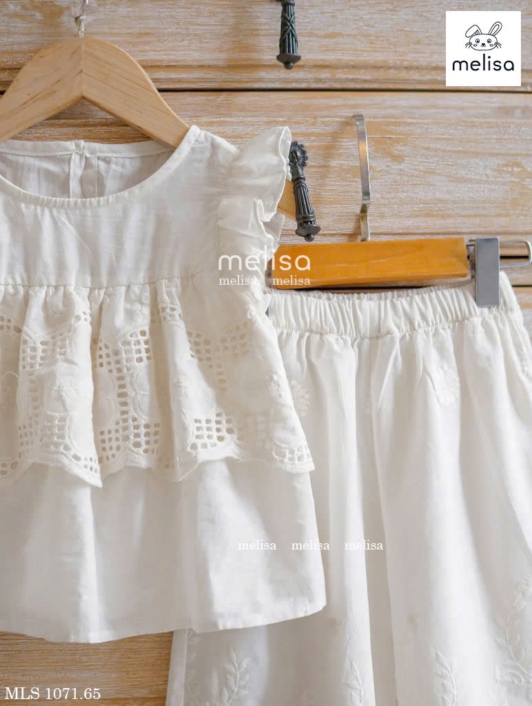 MLS 1071 - Bộ Melisa vải thô ren trắng bé gái size 2-11y