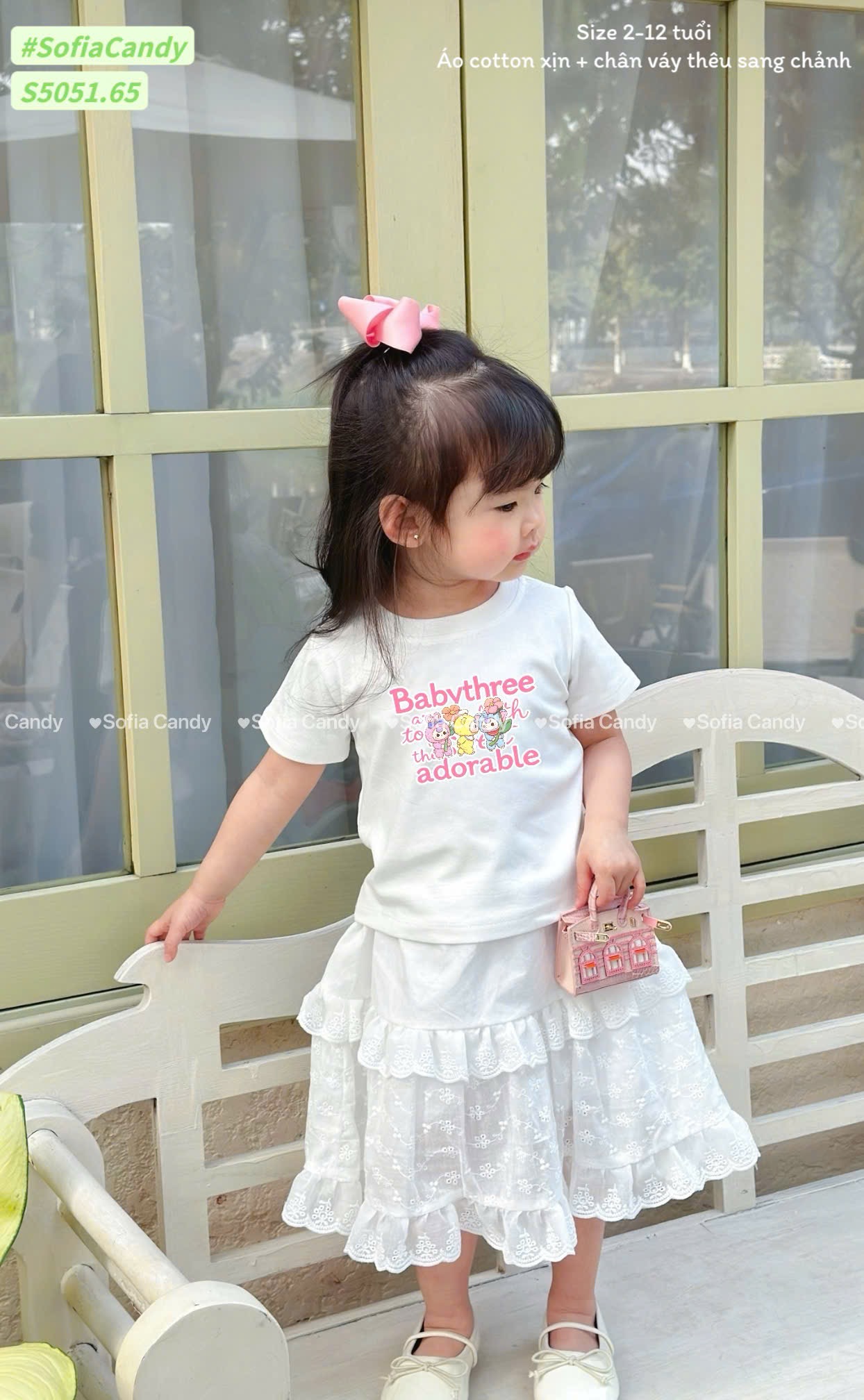 S5051 - Set bộ Sofia Candy áo Baby Three trắng + Chân váy trắng ren dáng dài bé gái size 2-12y
