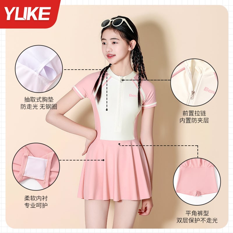 0028 - Bộ bơi YUKE dáng váy liền quần có đệm áo 2 màu hồng/xanh mint size 150-180