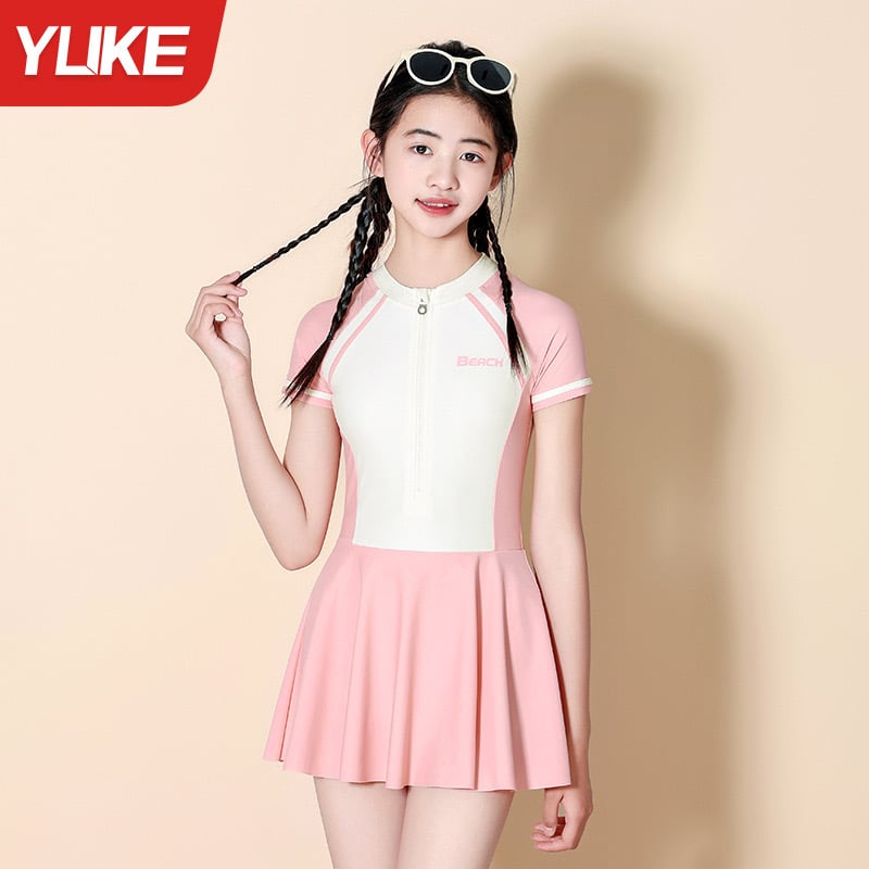 0028 - Bộ bơi YUKE dáng váy liền quần có đệm áo 2 màu hồng/xanh mint size 150-180