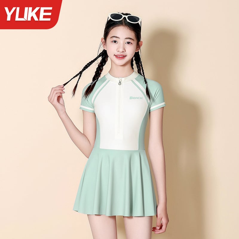 0028 - Bộ bơi YUKE dáng váy liền quần có đệm áo 2 màu hồng/xanh mint size 150-180