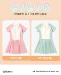 0028 - Bộ bơi YUKE dáng váy liền quần có đệm áo 2 màu hồng/xanh mint size 150-180