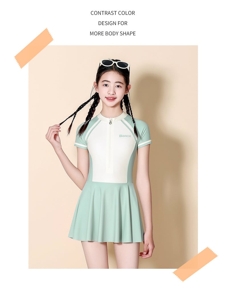 0028 - Bộ bơi YUKE dáng váy liền quần có đệm áo 2 màu hồng/xanh mint size 150-180