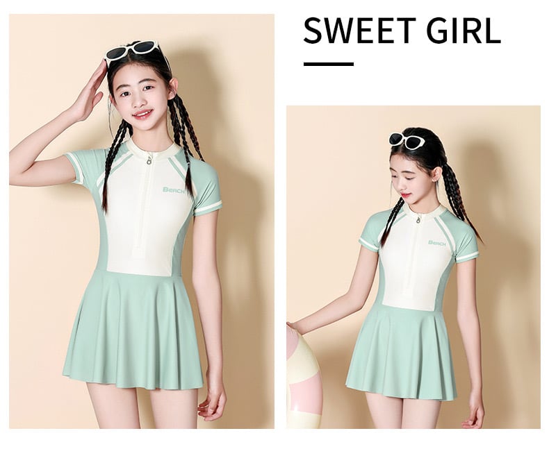 0028 - Bộ bơi YUKE dáng váy liền quần có đệm áo 2 màu hồng/xanh mint size 150-180