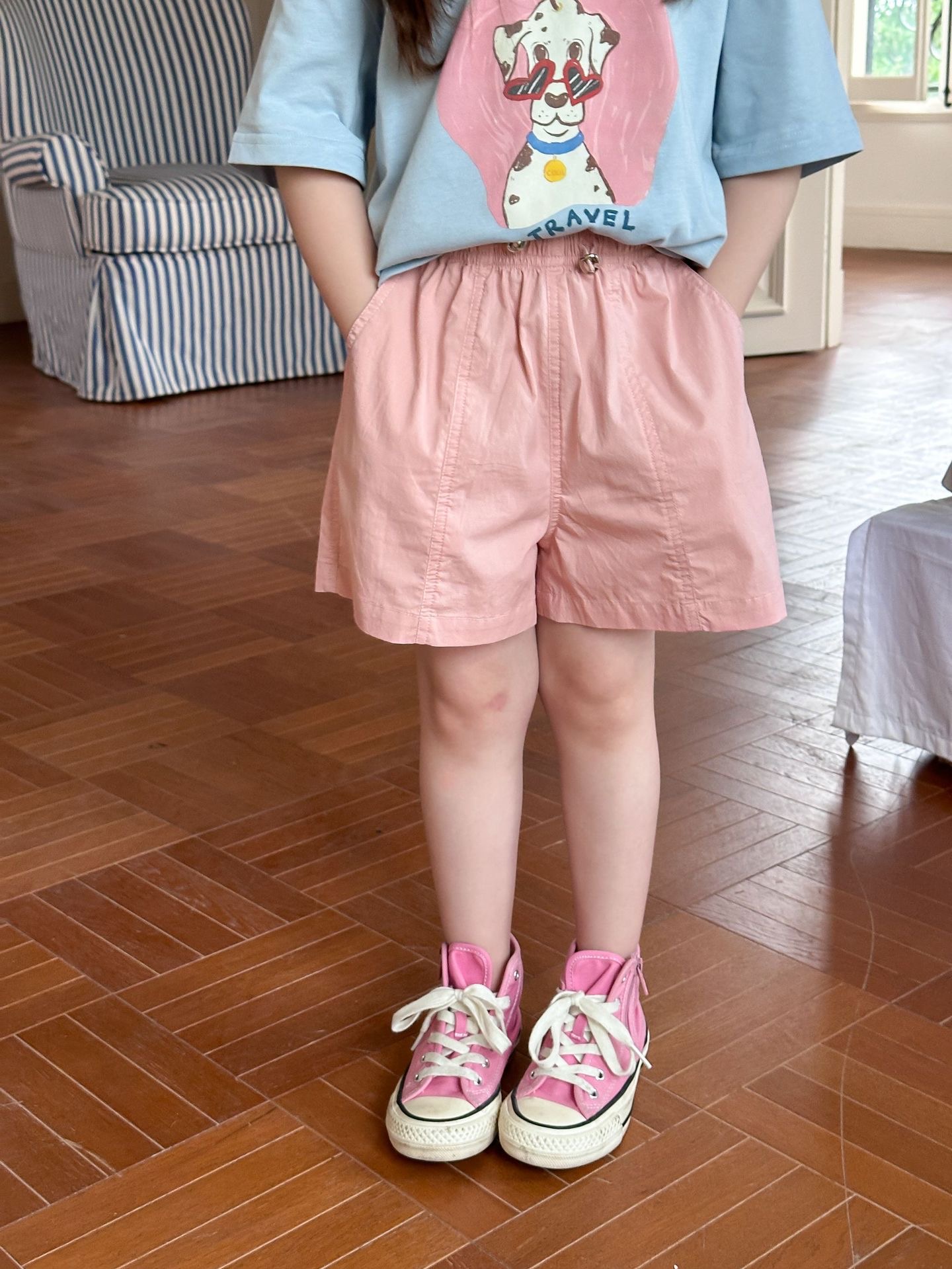 Quần short gió mềm AMBB 2 màu hồng/trắng bé gái size 120-170