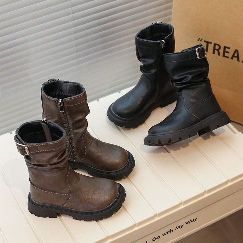 XXJ 0811 - Bốt cao cổ khoá cạnh cổ nhún 2 màu nâu / đen bé gái size 28-34