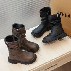 XXJ 0811 - Bốt cao cổ khoá cạnh cổ nhún 2 màu nâu / đen bé gái size 28-34