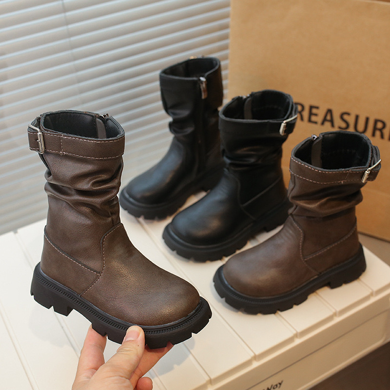XXJ 0811 - Bốt cao cổ khoá cạnh cổ nhún 2 màu nâu / đen bé gái size 28-34