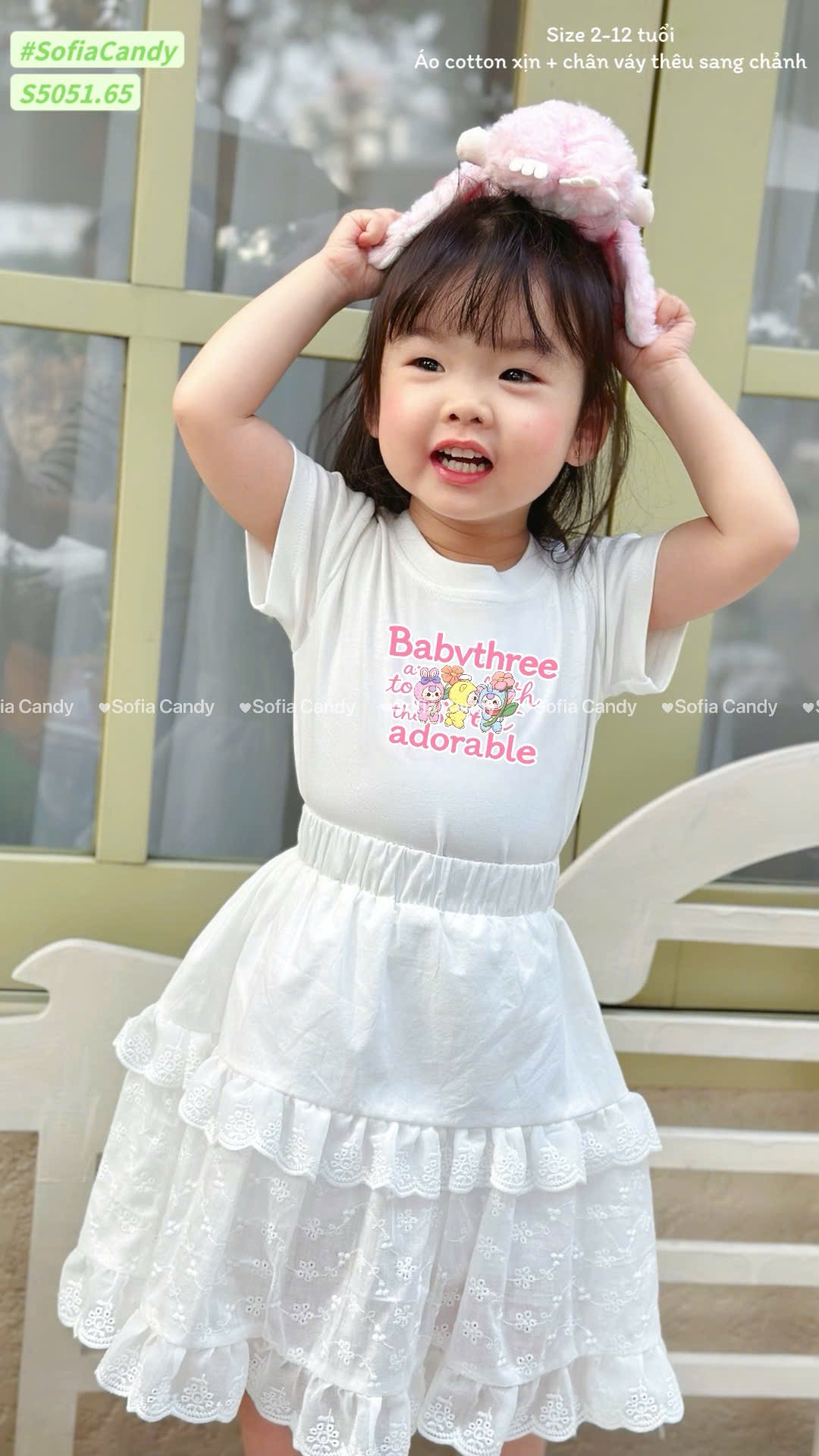 S5051 - Set bộ Sofia Candy áo Baby Three trắng + Chân váy trắng ren dáng dài bé gái size 2-12y
