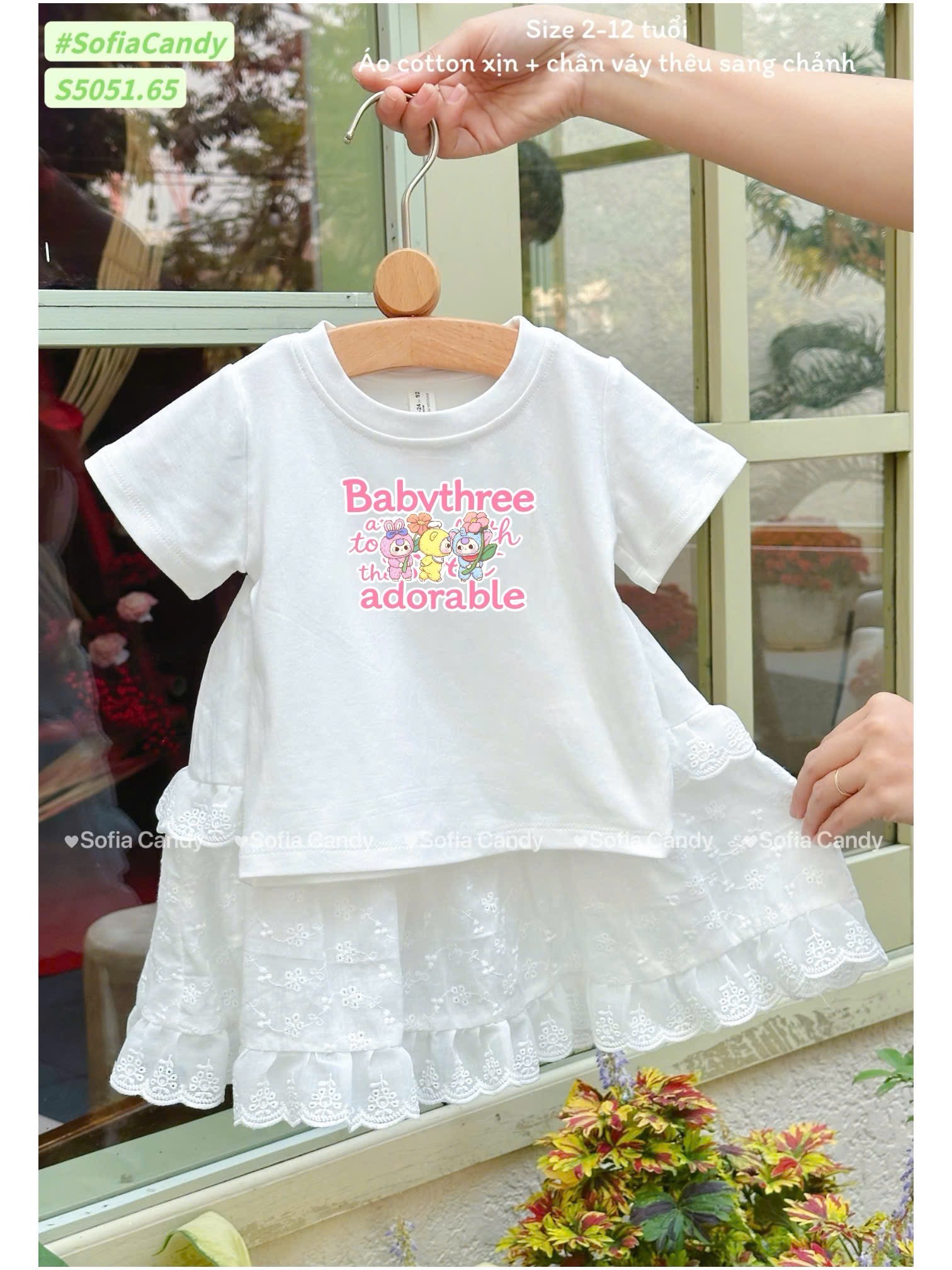 S5051 - Set bộ Sofia Candy áo Baby Three trắng + Chân váy trắng ren dáng dài bé gái size 2-12y