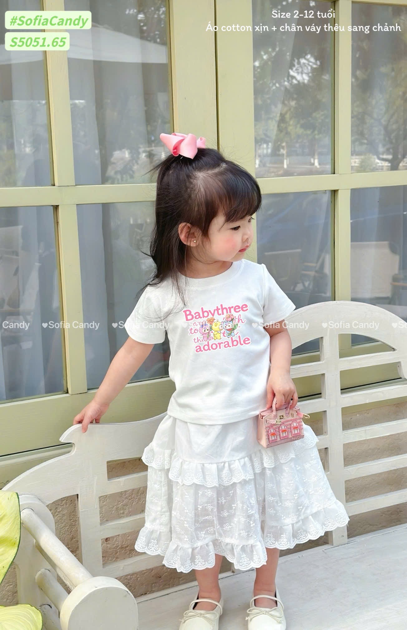 S5051 - Set bộ Sofia Candy áo Baby Three trắng + Chân váy trắng ren dáng dài bé gái size 2-12y