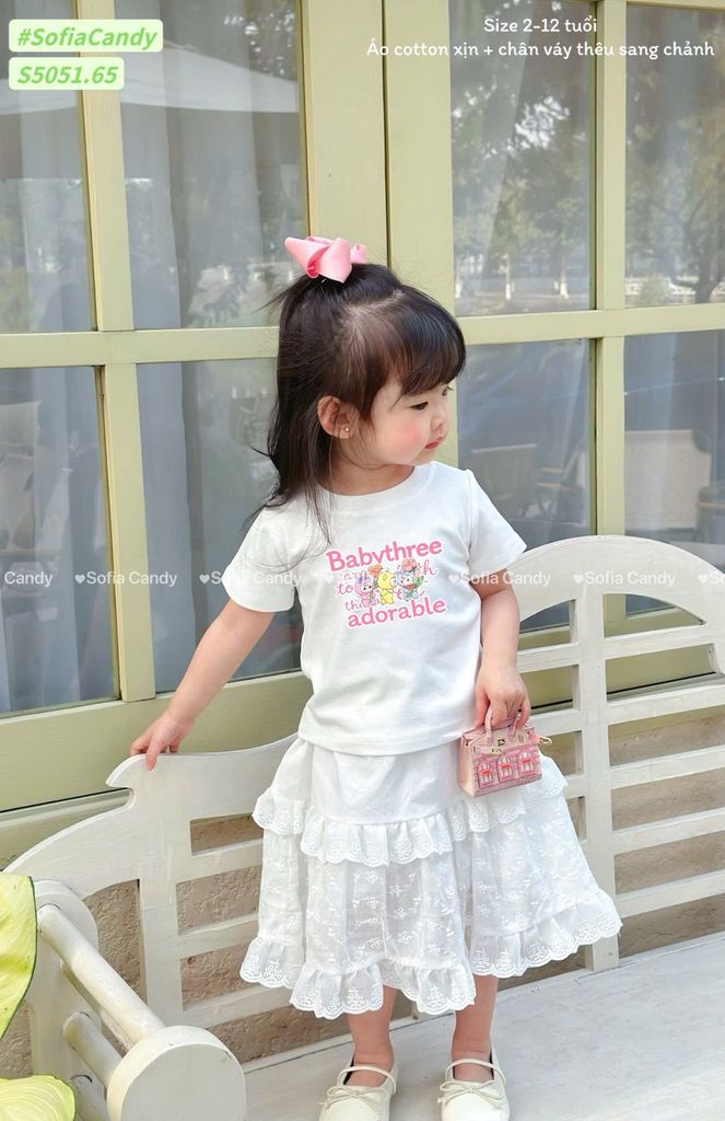 S5051 - Set bộ Sofia Candy áo Baby Three trắng + Chân váy trắng ren dáng dài bé gái size 2-12y
