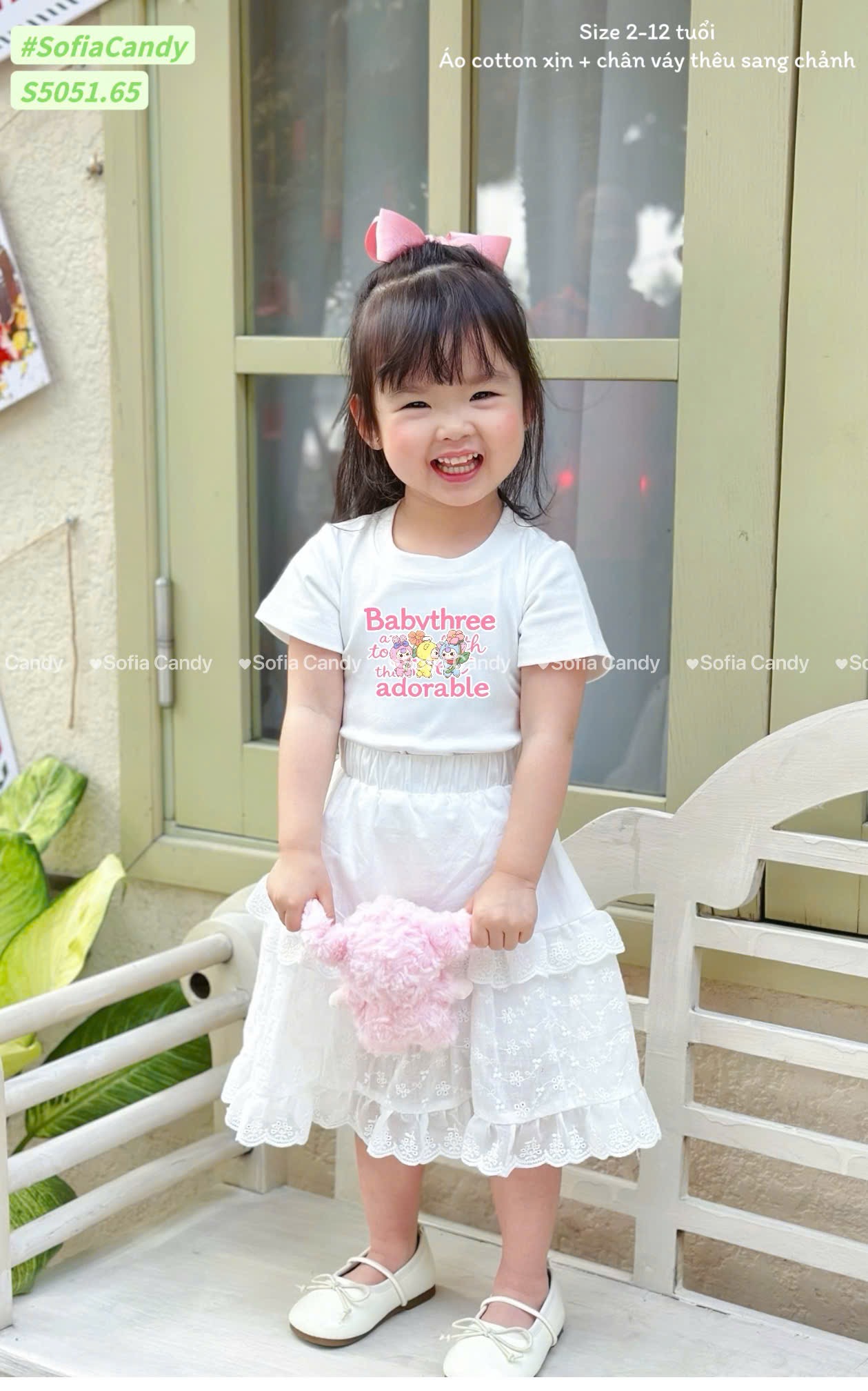 S5051 - Set bộ Sofia Candy áo Baby Three trắng + Chân váy trắng ren dáng dài bé gái size 2-12y