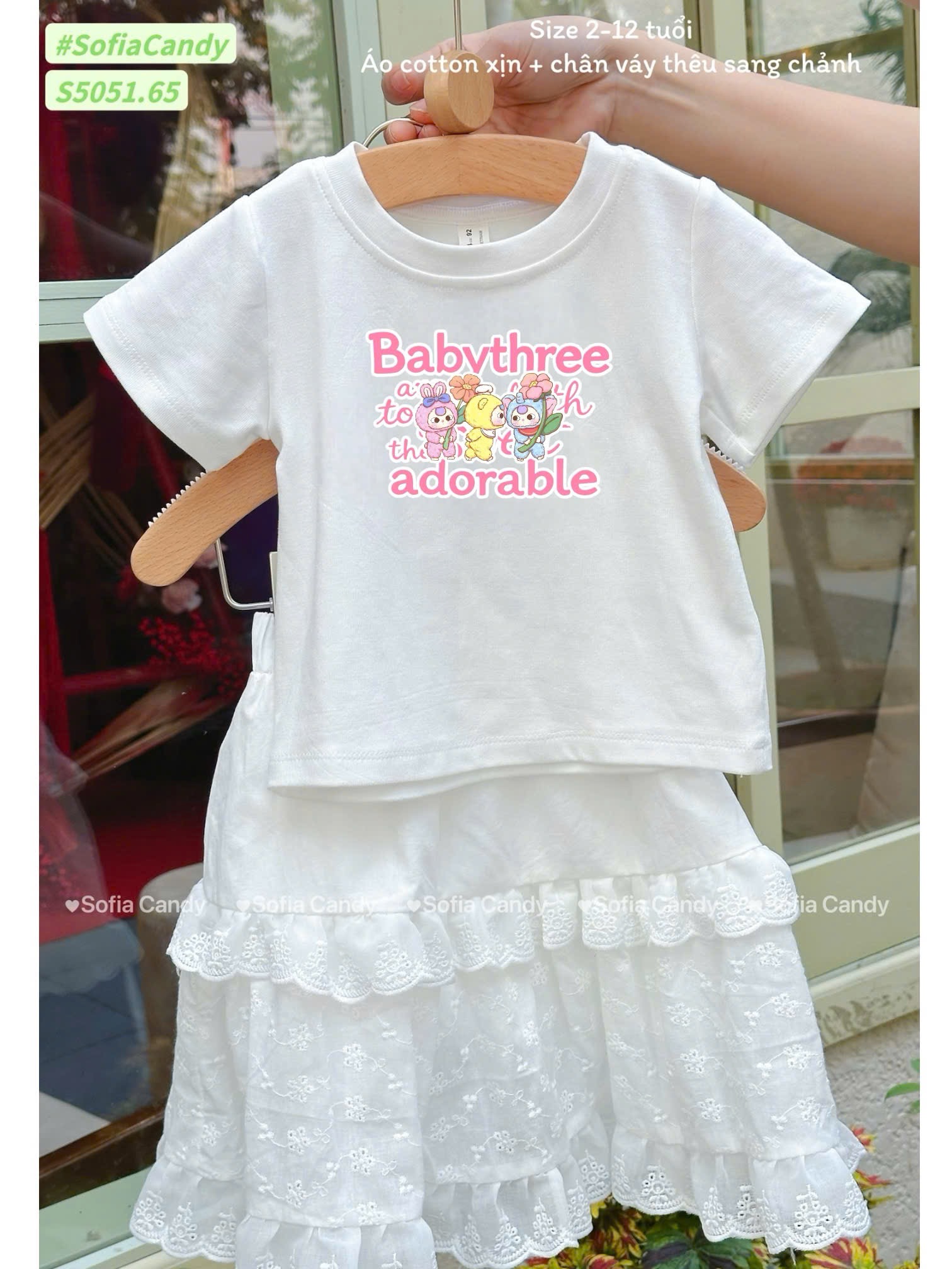 S5051 - Set bộ Sofia Candy áo Baby Three trắng + Chân váy trắng ren dáng dài bé gái size 2-12y