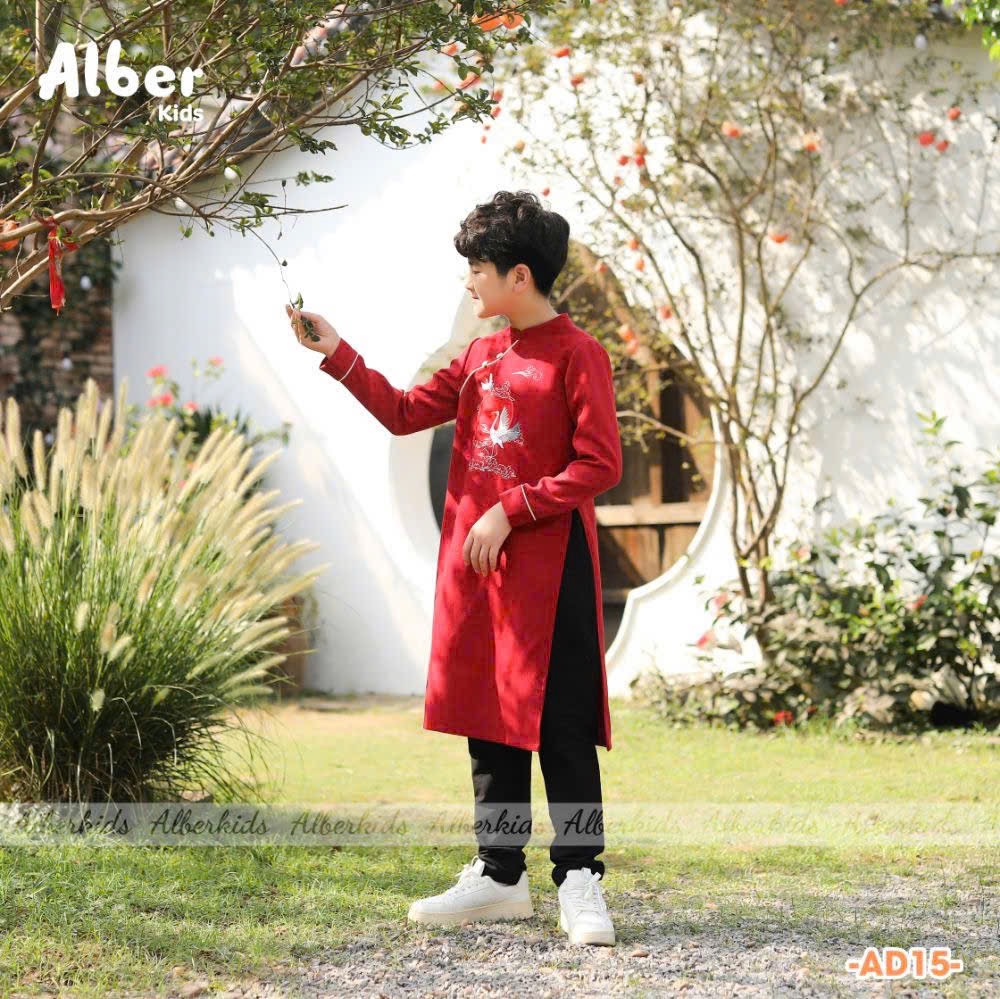 AD15 - Áo dài vải nhung chéo Alber Kids thêu hạc & mặt trời 2 màu đỏ/vàng bé trai size 110-160 (không kèm quần)