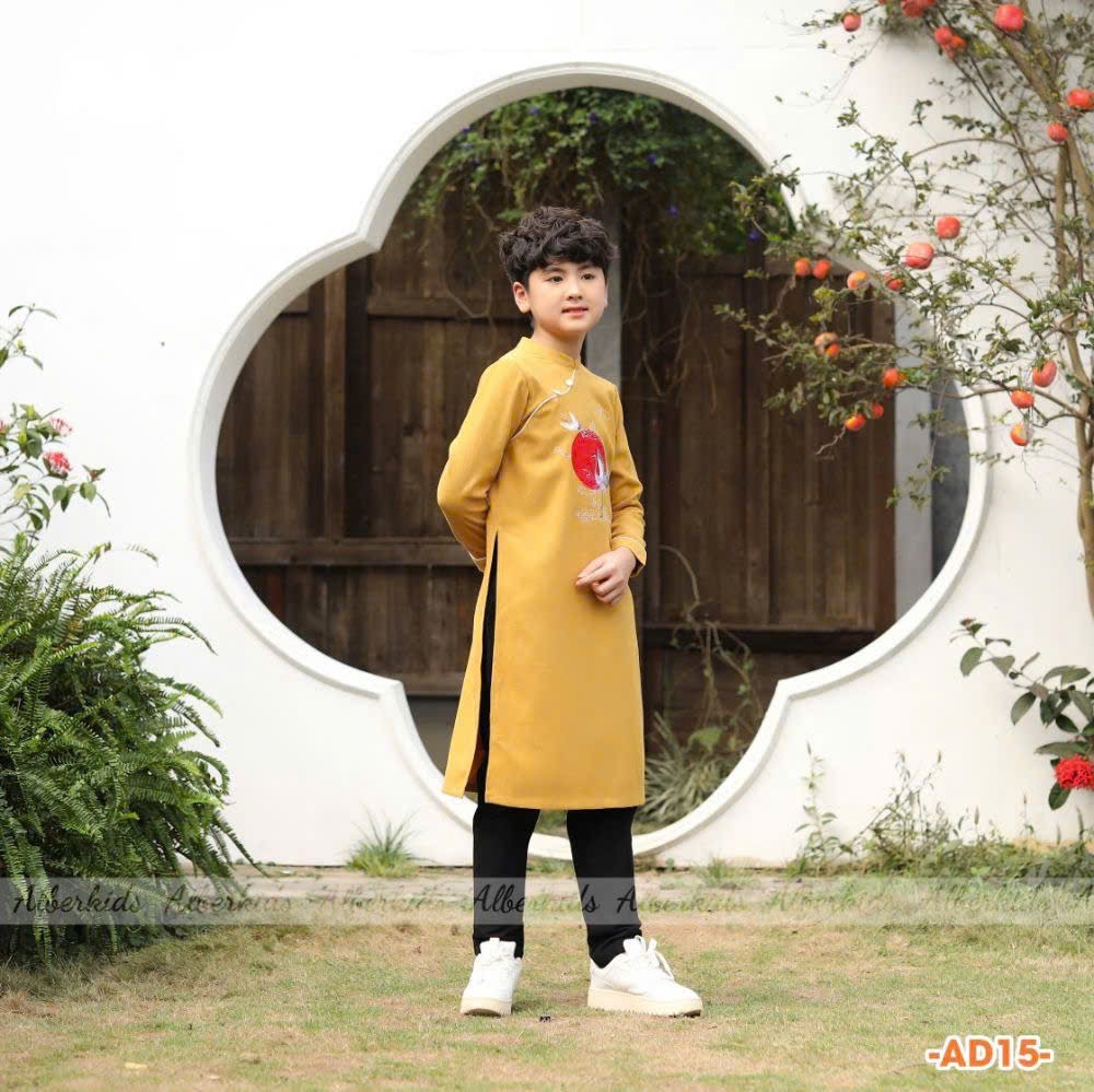 AD15 - Áo dài vải nhung chéo Alber Kids thêu hạc & mặt trời 2 màu đỏ/vàng bé trai size 110-160 (không kèm quần)