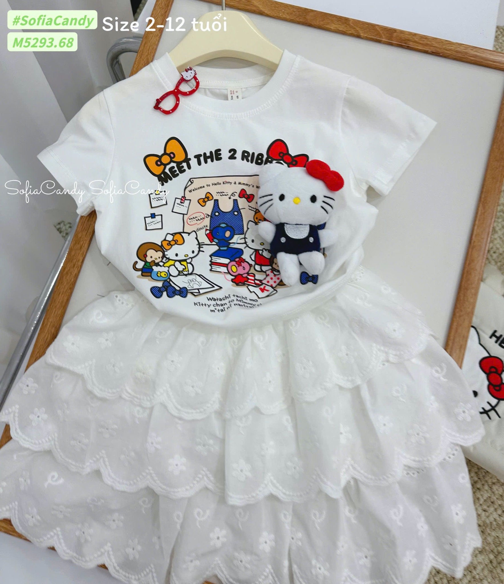 M5293 - Bộ Mia Kids hello kitty trắng + chân váy trắng bé gái size 2-12y