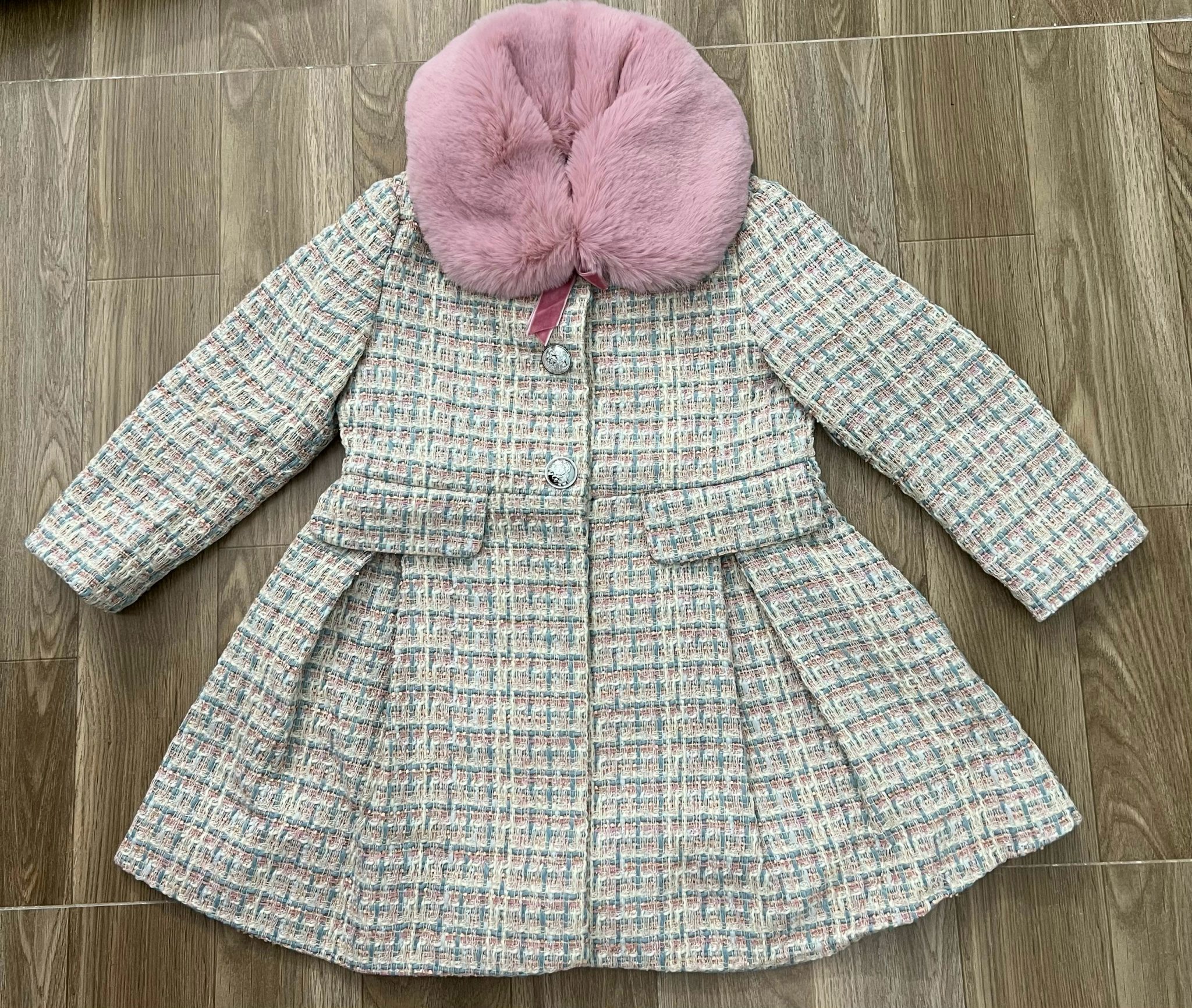 Áo dạ tweed CATKIDS phối màu hồng xanh ( cổ lông hồng tháo rời ) size 3 - 10y