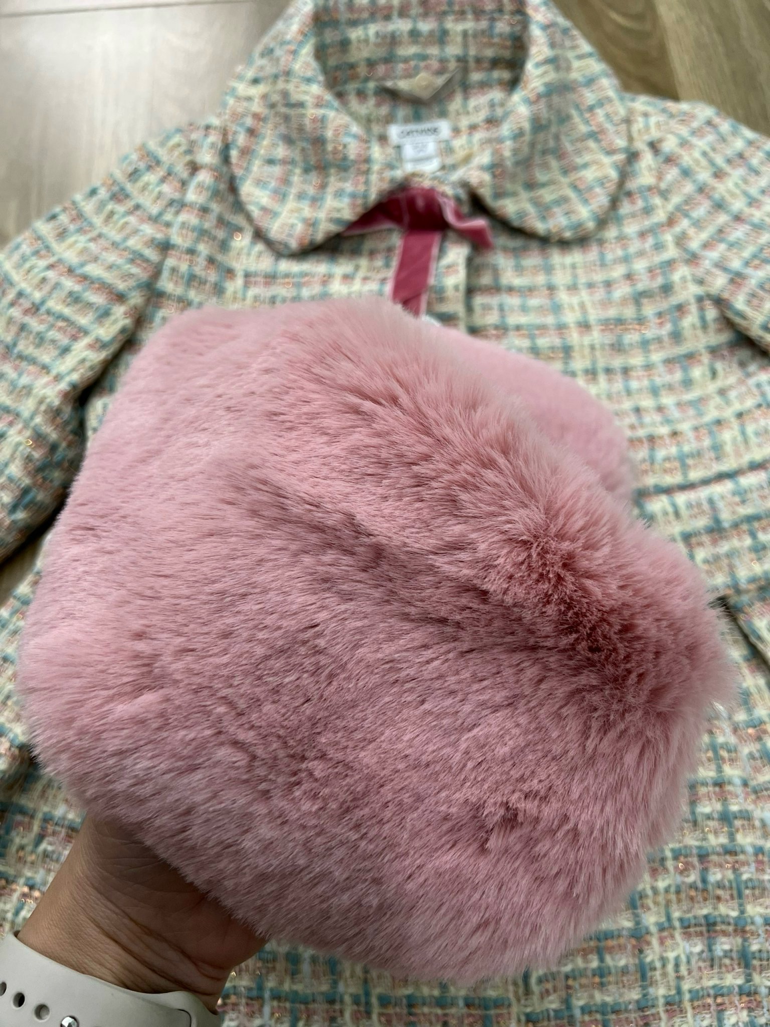 Áo dạ tweed CATKIDS phối màu hồng xanh ( cổ lông hồng tháo rời ) size 3 - 10y