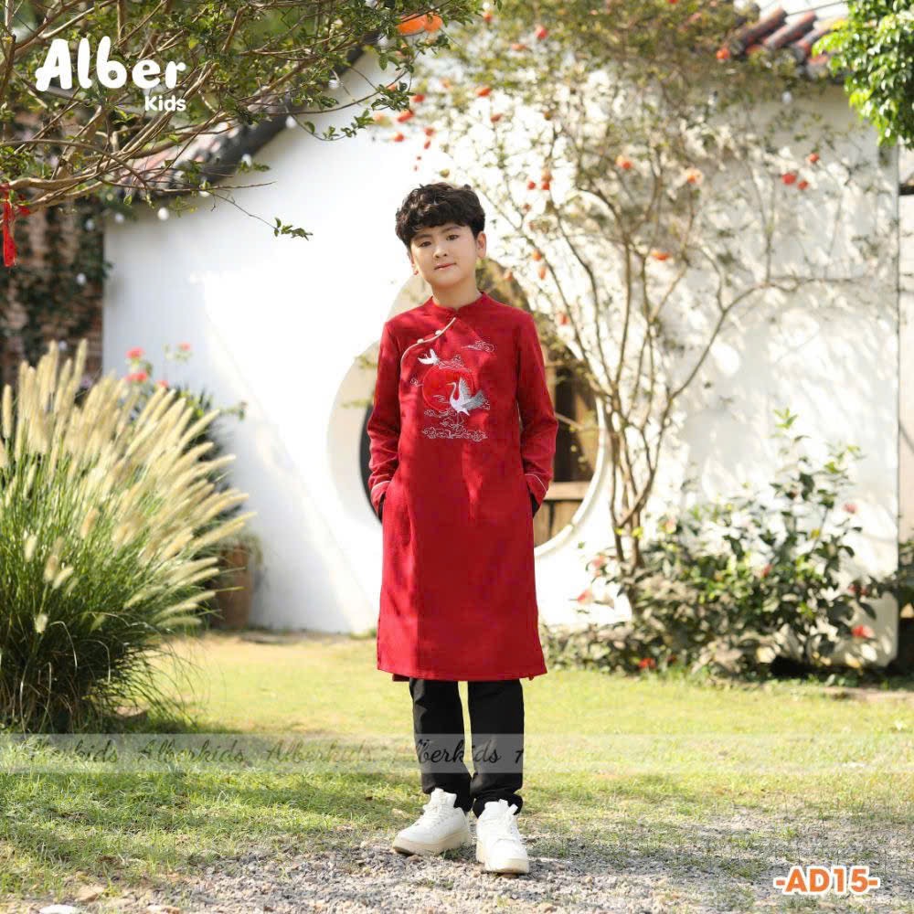 AD15 - Áo dài vải nhung chéo Alber Kids thêu hạc & mặt trời 2 màu đỏ/vàng bé trai size 110-160 (không kèm quần)