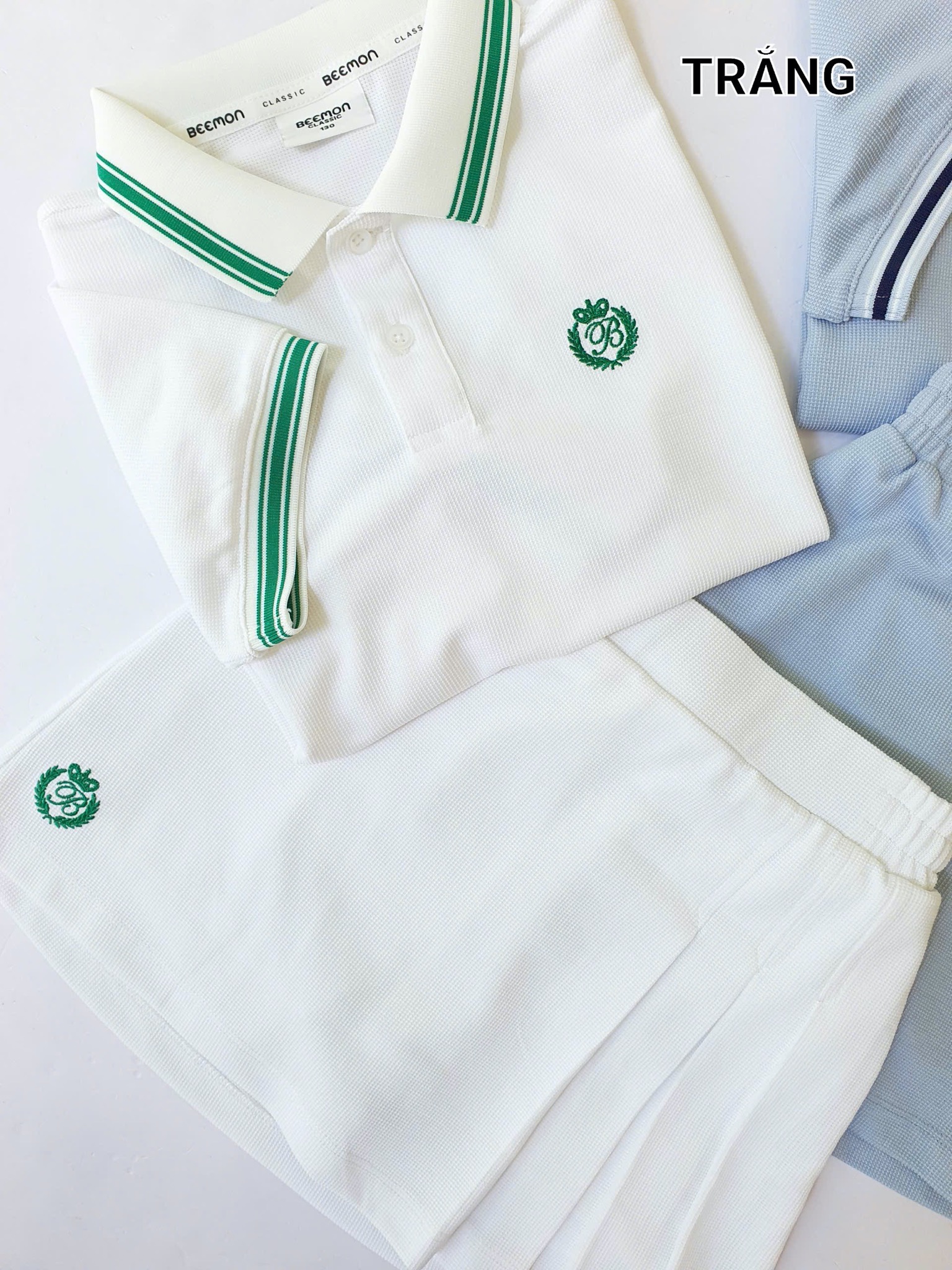Set bộ polo thể thao + chân váy Beemon 2 màu trắng/xanh bé gái size 120-160