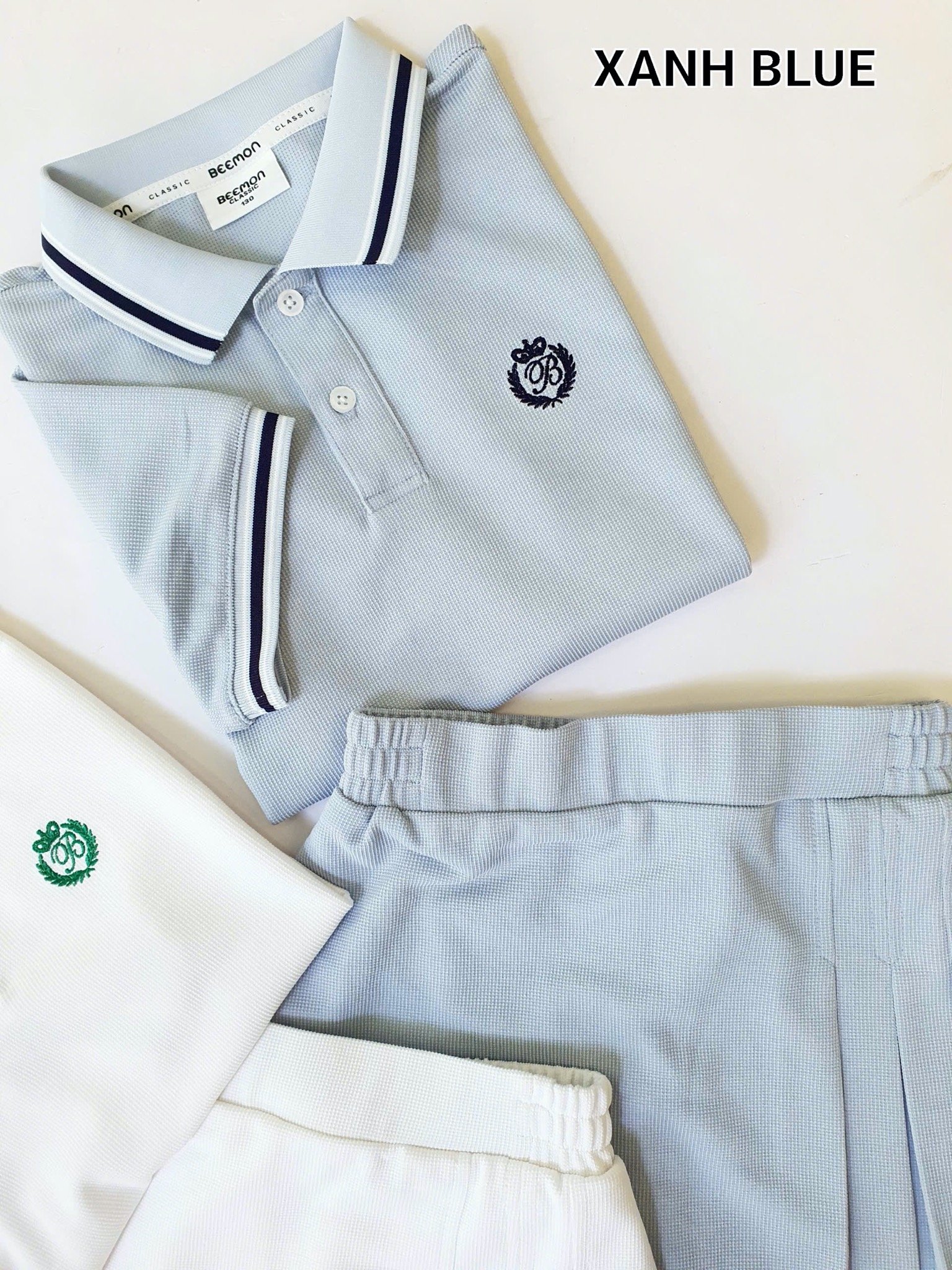 Set bộ polo thể thao + chân váy Beemon 2 màu trắng/xanh bé gái size 120-160