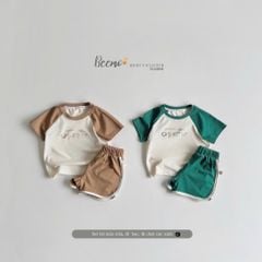 Bộ cotton Beemo cổ tròn phối tay 2 màu cho bé size 80-130