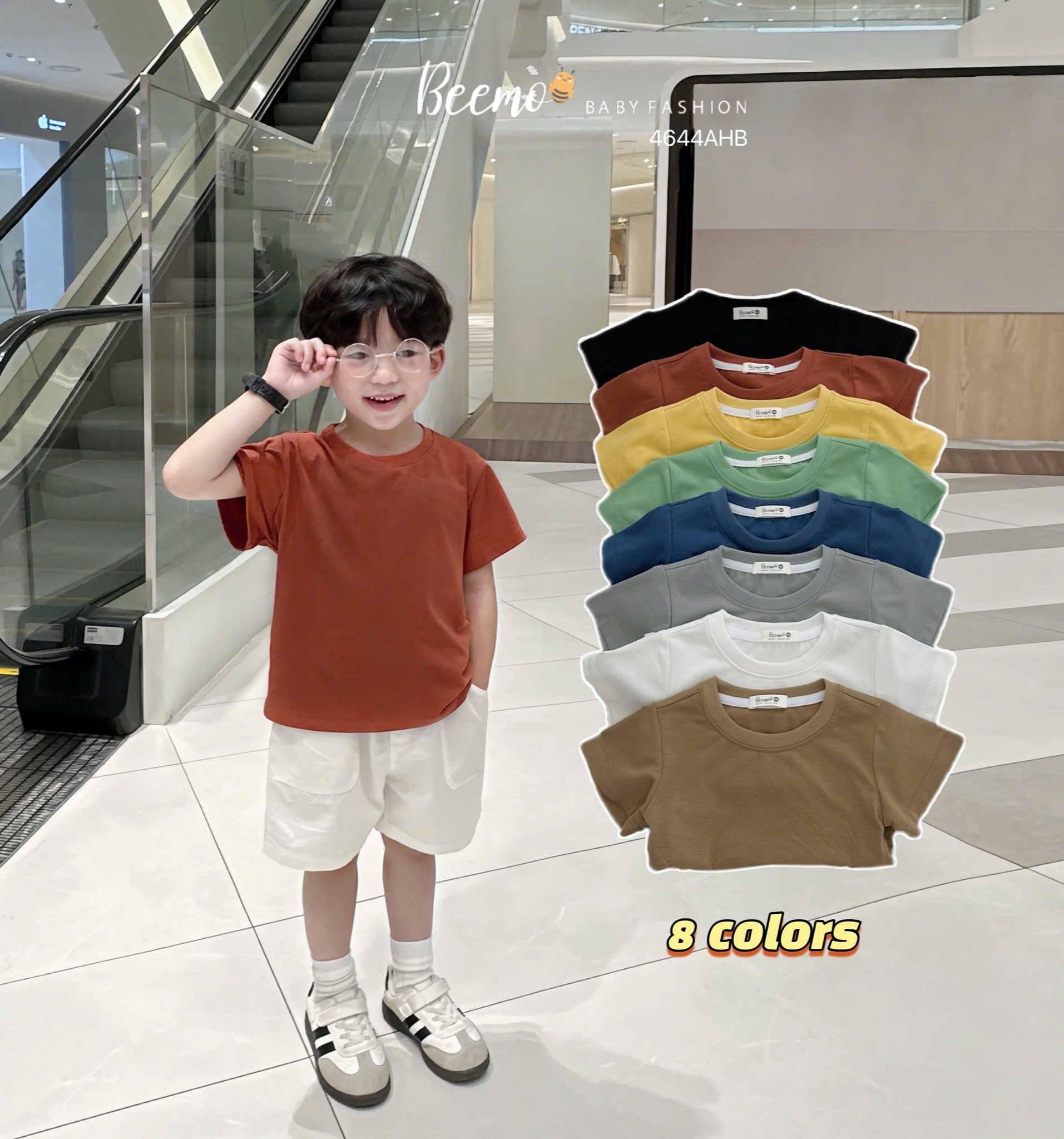 Áo cotton Beemo cổ tròn trơn nhiều màu cho bé size 80-130