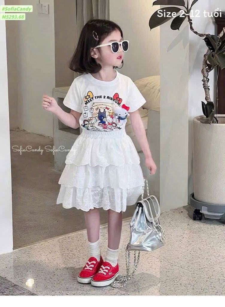 M5293 - Bộ Mia Kids hello kitty trắng + chân váy trắng bé gái size 2-12y