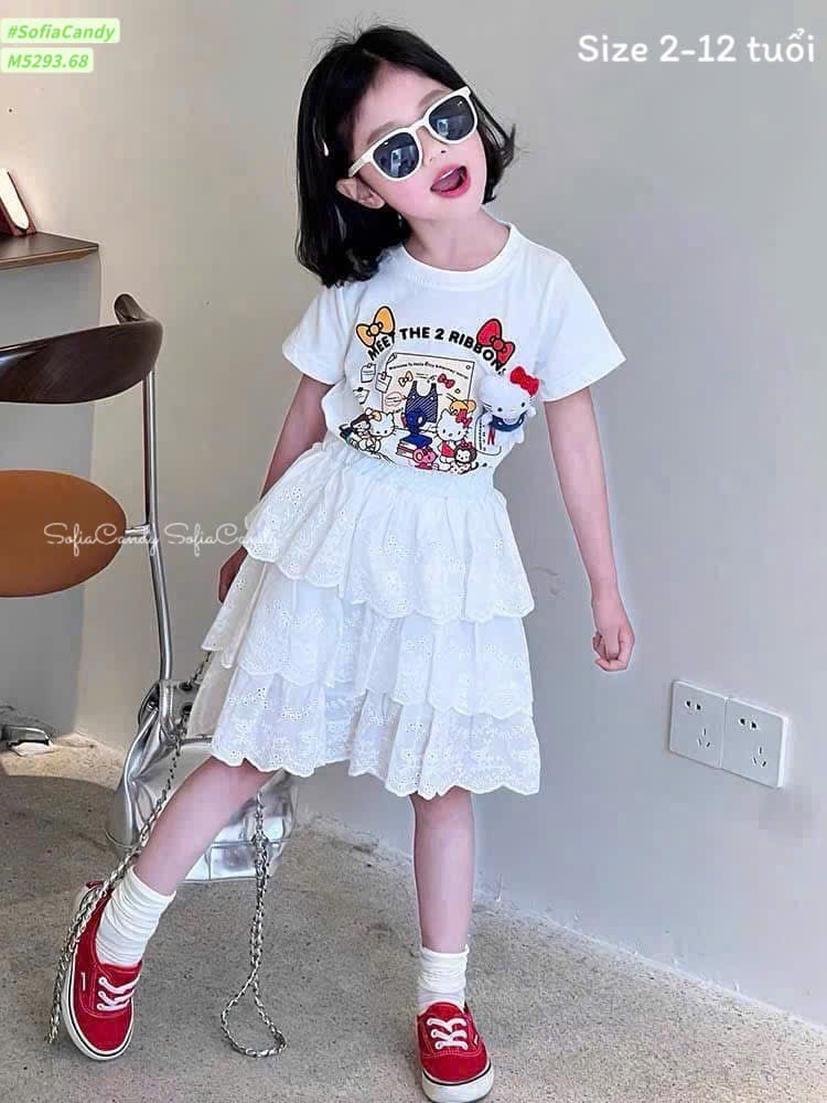 M5293 - Bộ Mia Kids hello kitty trắng + chân váy trắng bé gái size 2-12y