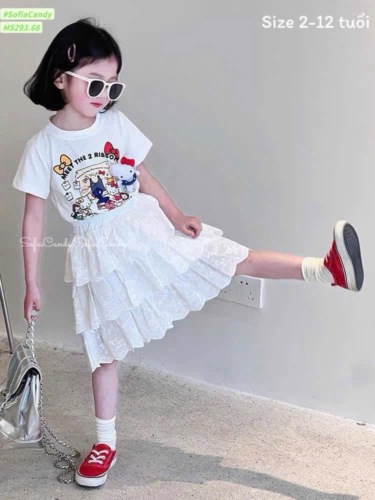 M5293 - Bộ Mia Kids hello kitty trắng + chân váy trắng bé gái size 2-12y