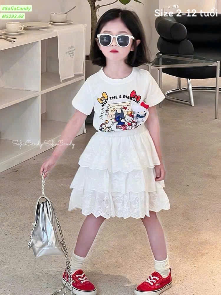 M5293 - Bộ Mia Kids hello kitty trắng + chân váy trắng bé gái size 2-12y