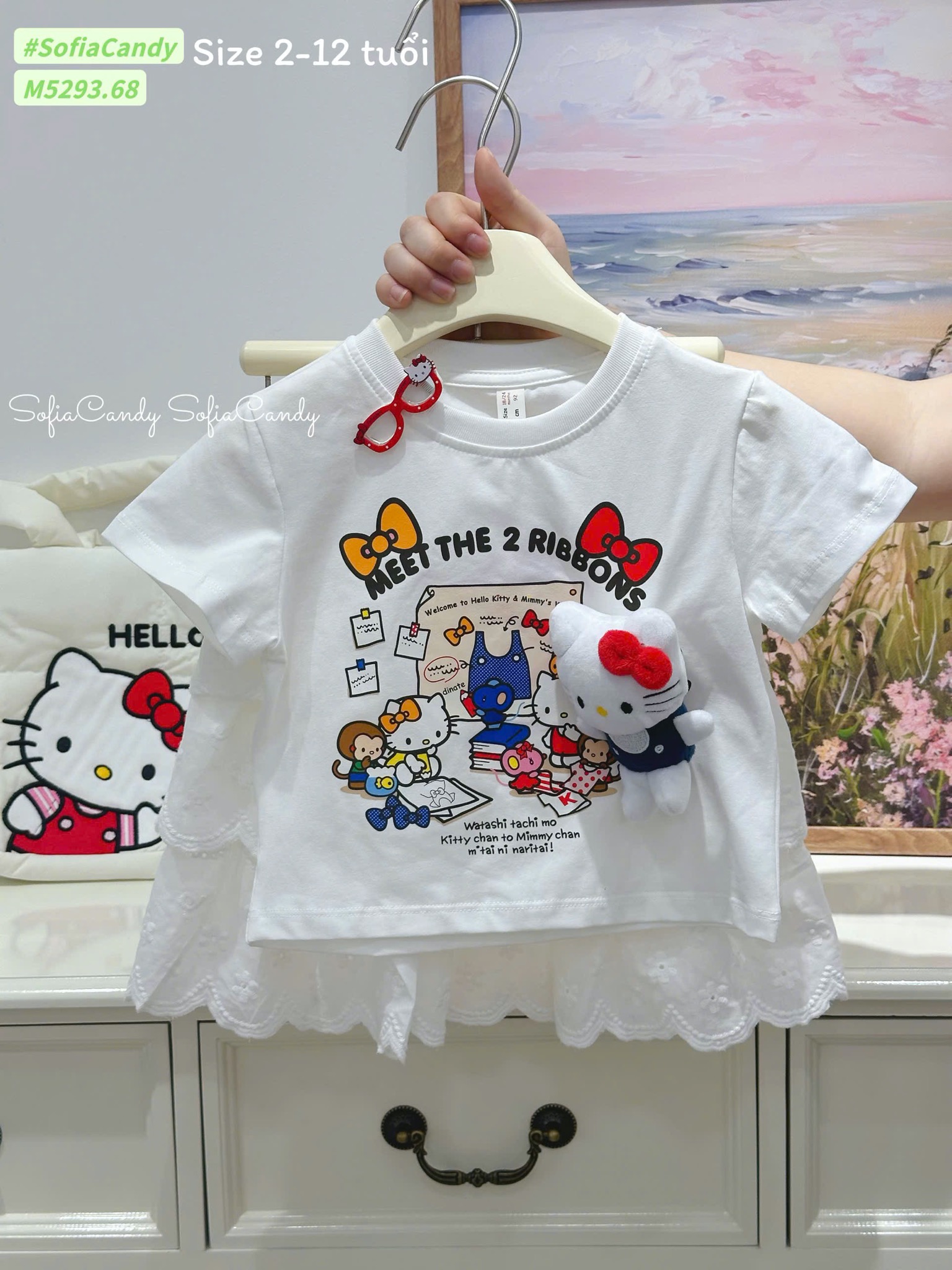 M5293 - Bộ Mia Kids hello kitty trắng + chân váy trắng bé gái size 2-12y