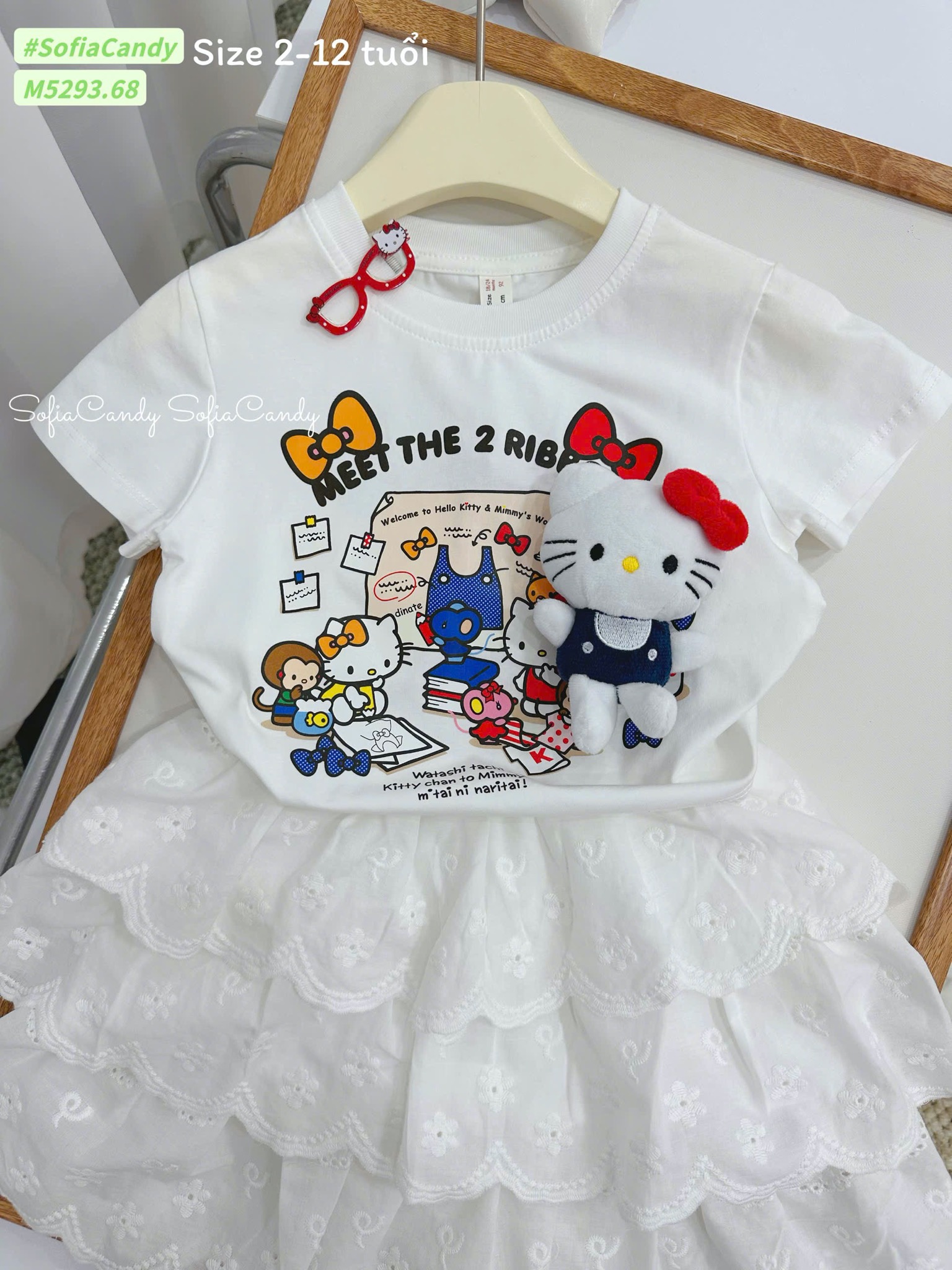 M5293 - Bộ Mia Kids hello kitty trắng + chân váy trắng bé gái size 2-12y