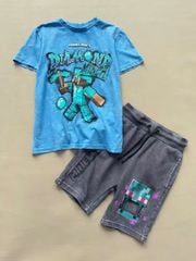 Bộ cotton Minecraft vải wash mềm màu xanh bé trai size 6-13y