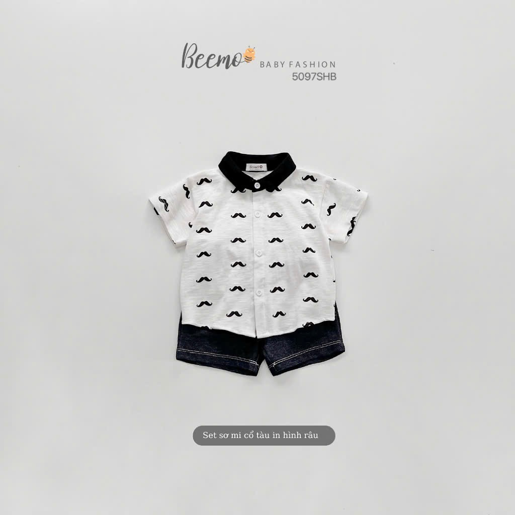 Bộ Beemo áo thun cổ đức in hình râu + quần giả jean bé trai size 80-130