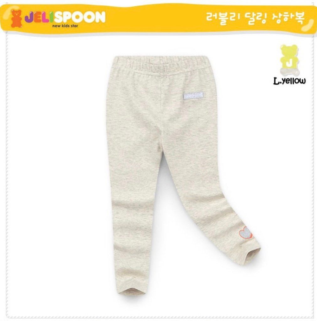 Quần legging Jelispoon cotton màu ghi be gấu trái tim nhũ viền cam