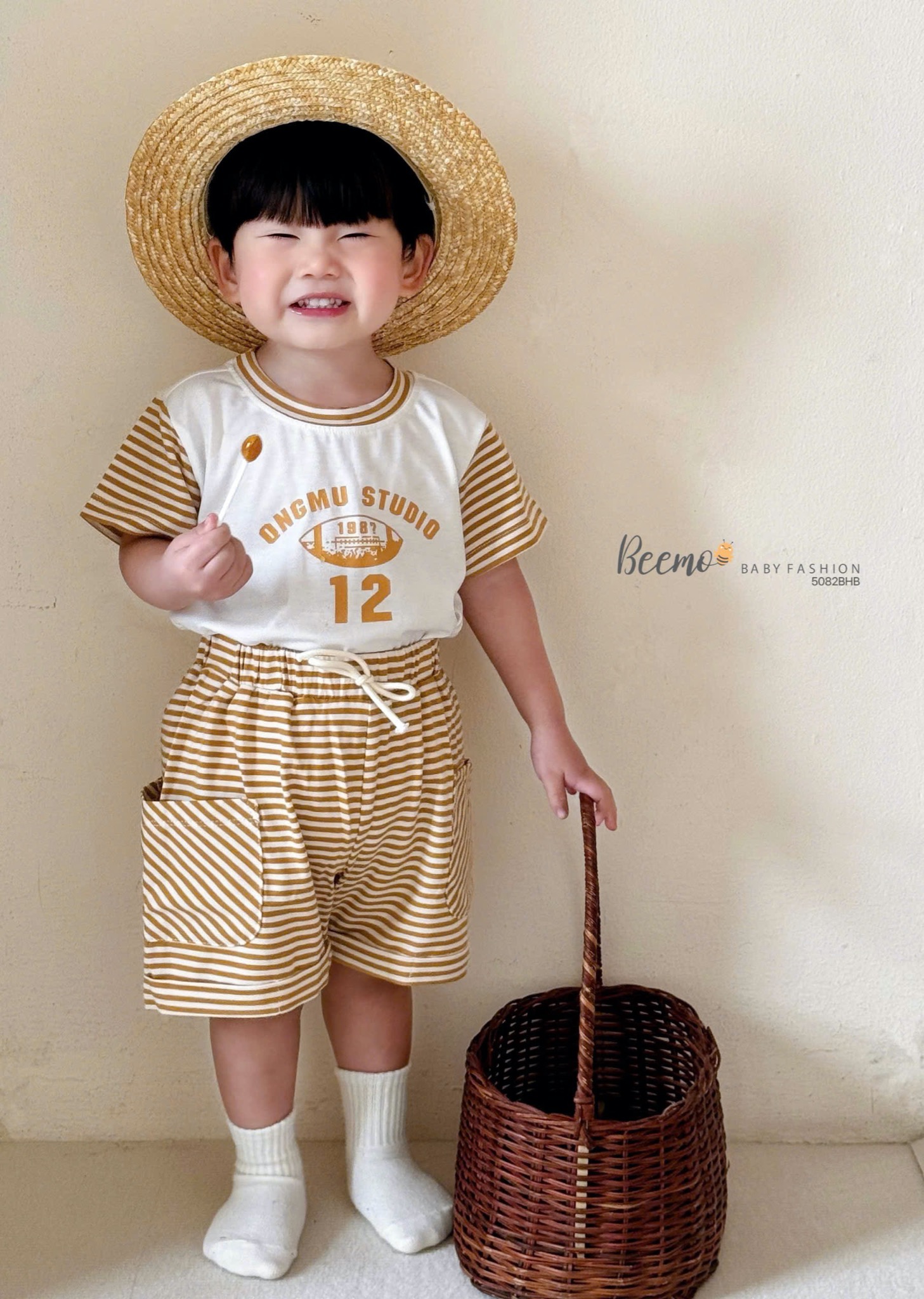 Bộ cotton Beemo cộc tay phối kẻ 3 màu bé trai size 80-130