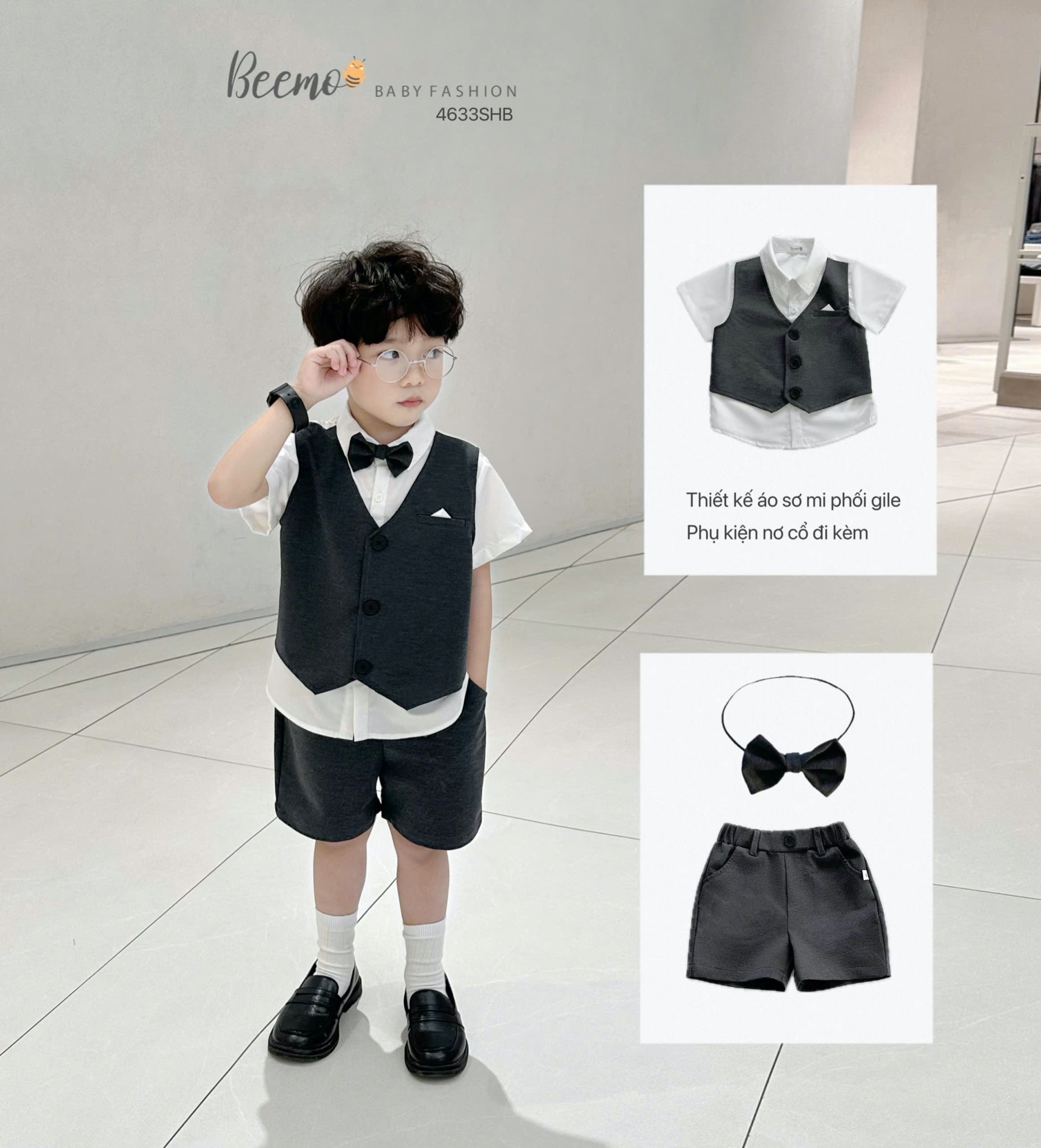Set 3ct Beemo sơ mi kèm gile + quần short + nơ cổ màu ghi bé trai size 80-130