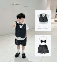 Set 3ct Beemo sơ mi kèm gile + quần short + nơ cổ màu ghi bé trai size 80-130